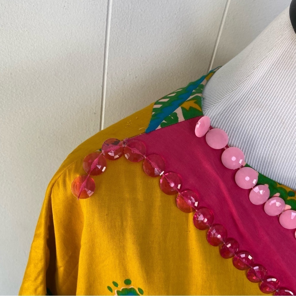 VTG 60s Top Cape Hippie Yellow Hawaiian Cotton Tunic Boho One Size Handmade - Picture 14 of 16